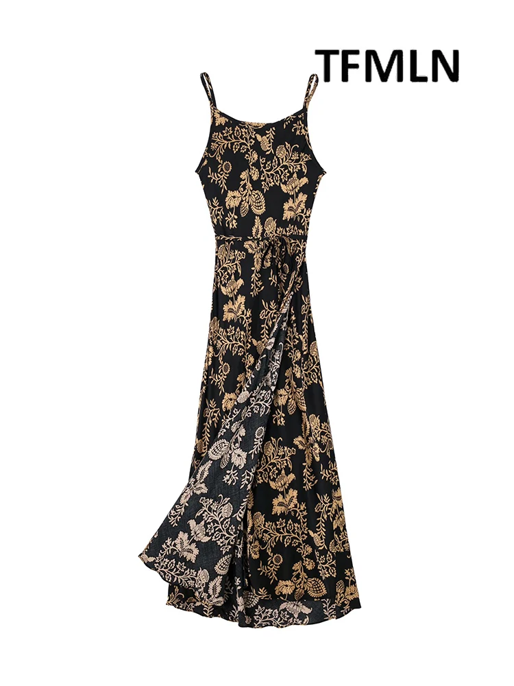 

Платье TFMLN женское на бретельках с кружевом, новое летнее пикантное платье в стиле ретро с цветочным принтом, модная плявечерние до середины...