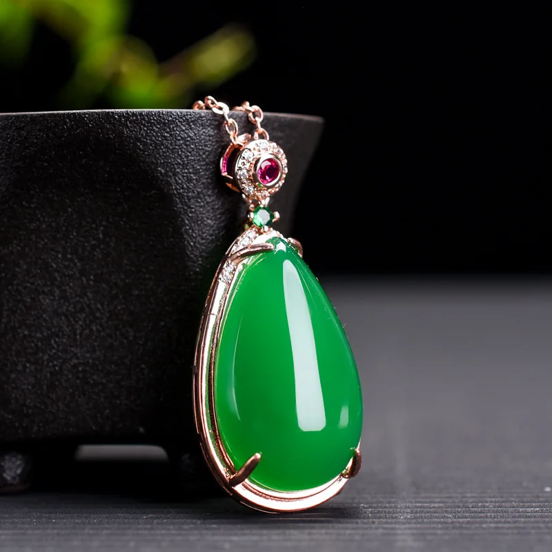 

Natural Green Jade Water Drop Pendant With Emerald Ruby Zircon Chalcedony Necklace Women Fashion Charms Jewellery Lucky Amulet