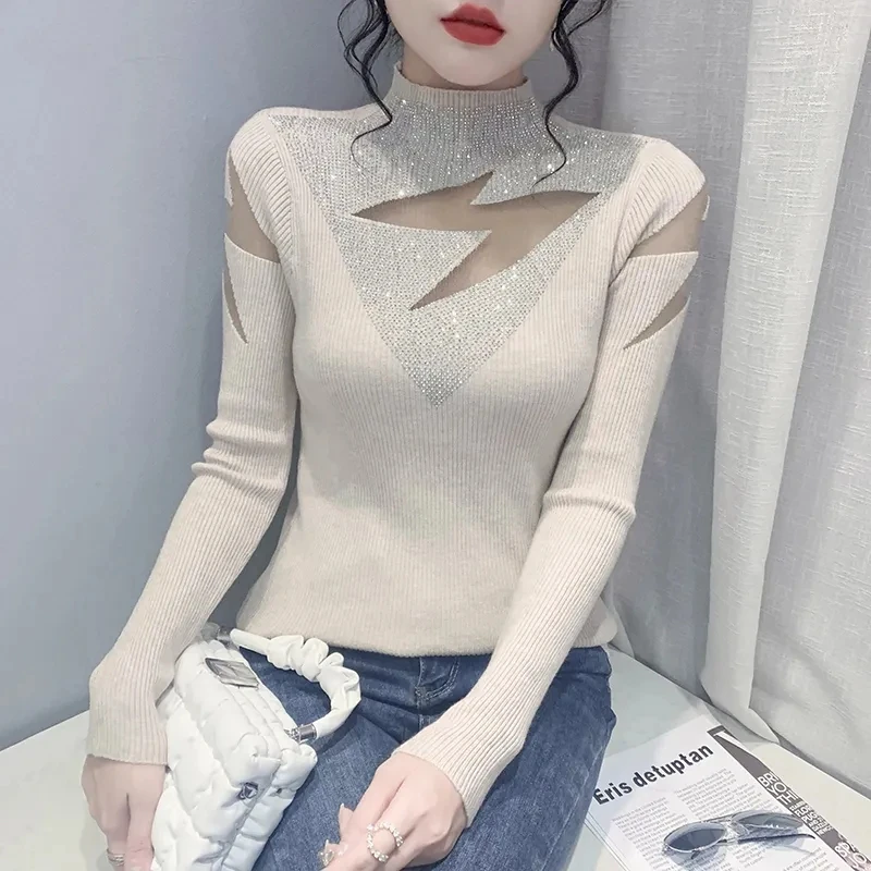 

Half Turtleneck Sweater Knitted Bottoming Shirt Women's Autumn and Winter Fashion Sexy Hollowed-out Off-the-shoulder Top