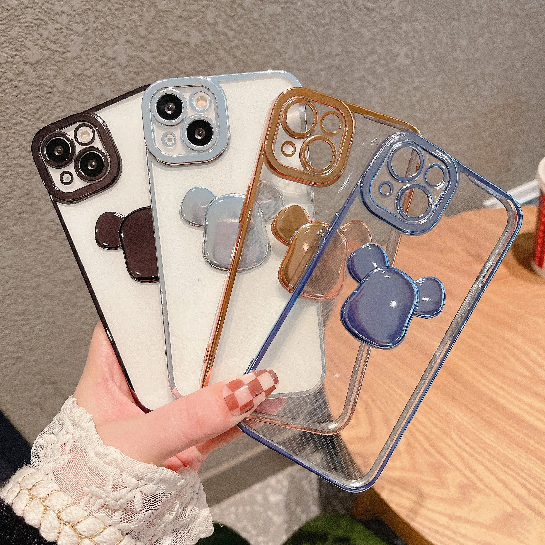 

Cute bear plating phone case for iphone 12 11 pro max 2022 transparent silicone lens protection cover