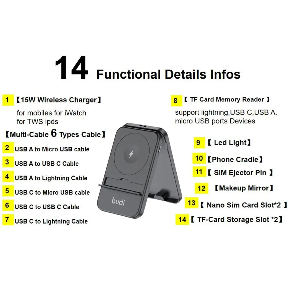 BUDI 14 In 1 Multi-function Box 15W Wireless Chargers Adapter TF Card Data Cable Storage TF Card Reader For IPhone Samsung Mi