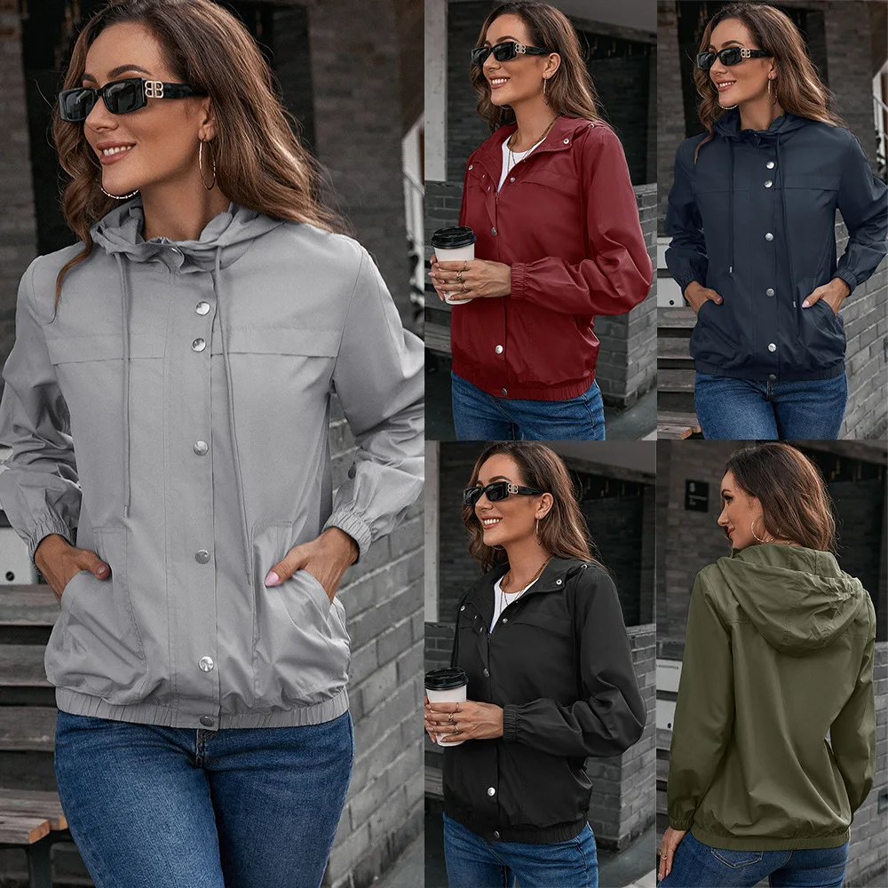 

Fashion Hooded Windbreaker Jacket Women Solid Color Waterproof Jacket