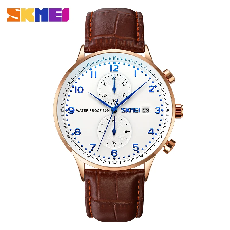 

SKMEI Simple Japan Quartz Movement Stopwatch Watches For Men Business Leather Belt Date Wrist Watch Male Clock relogio masculino