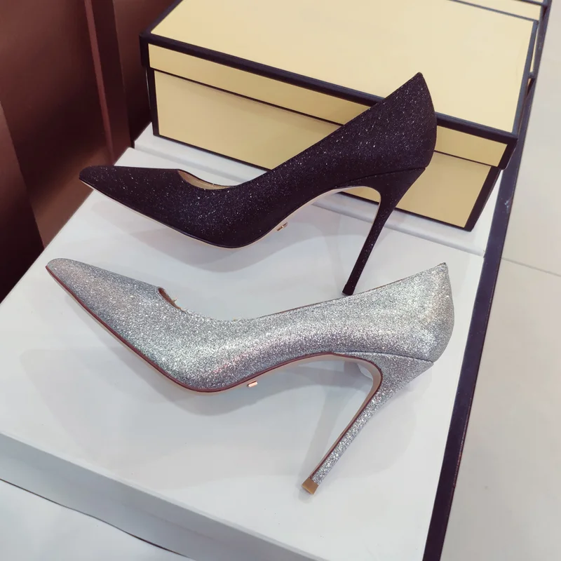 

Wedding shoes silver sequins high heels women's thin-heeled pointed shiny black light-mouthed single shoes