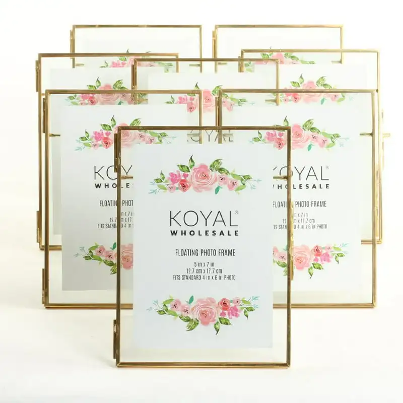 

Pressed Glass Floating Photo Frames 5 x 7 Frame, Gold 8-Pack with Stands Use Horizontal or Vertical DIY Decorations