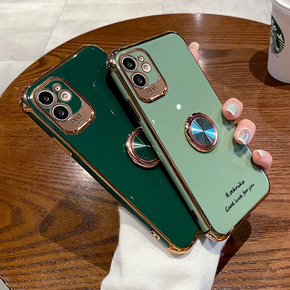 Finger Ring Stand Case For iPhone 13 14 7 12 Pro 11 XS Max X XR Shell Protective Luxury 6D Plated Soft Phone Car Hold Cover