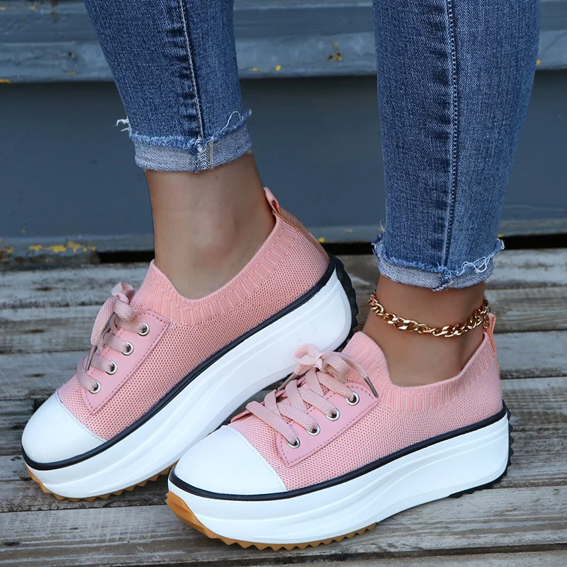 

2022 Summer Women Sneakers New Flat Bottom Lace Up Sports Shoes Fashion Comfortable Antiskid Breathable Hot Sale Platform Shoes