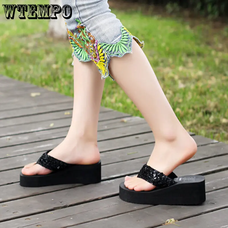 WTEMPO Women Summer Sandals Sequins Beach Female Flip Flops Girls High Heel Shoes for Platform Wedge Slippers Dropshipping
