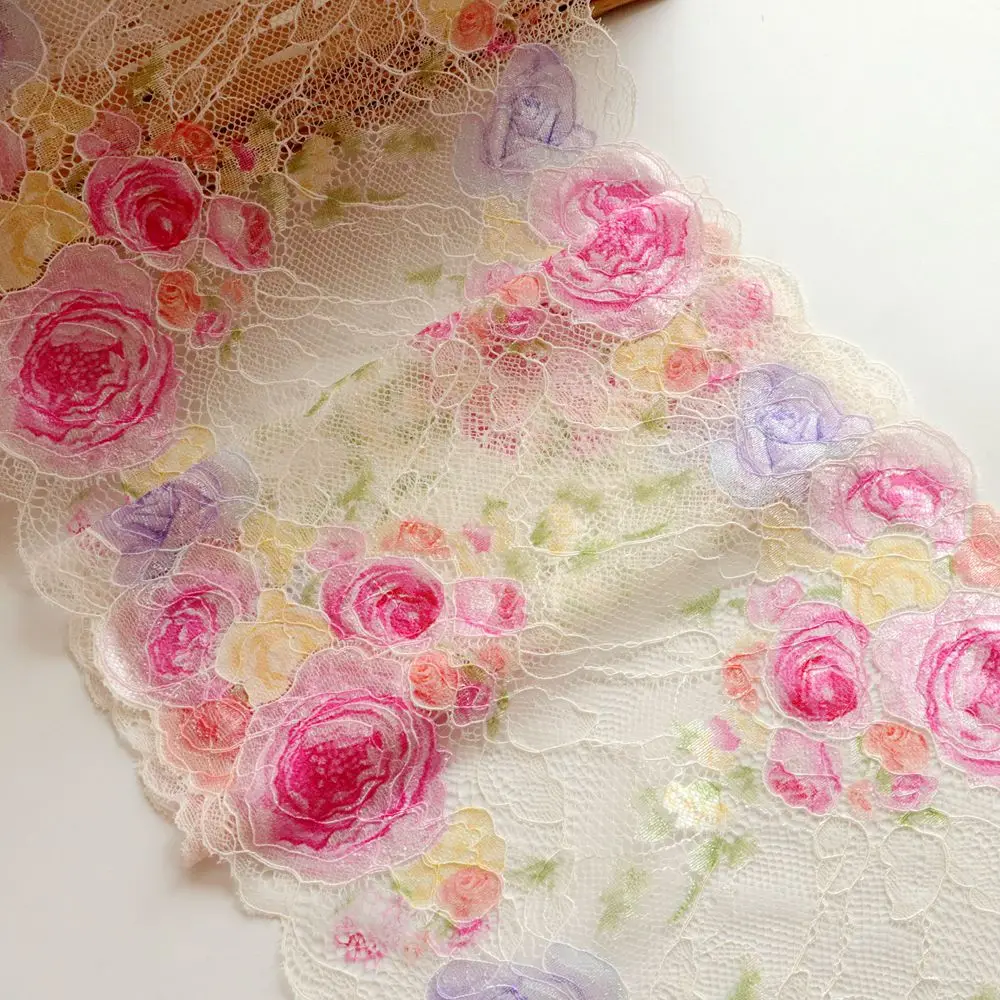 

2 Yards 21 CM Width Colorful Rose Floral Stretch Elastic Lace Trim Fabric Bra Underwear Lingerie Dress Sewing Handmade Trimmings