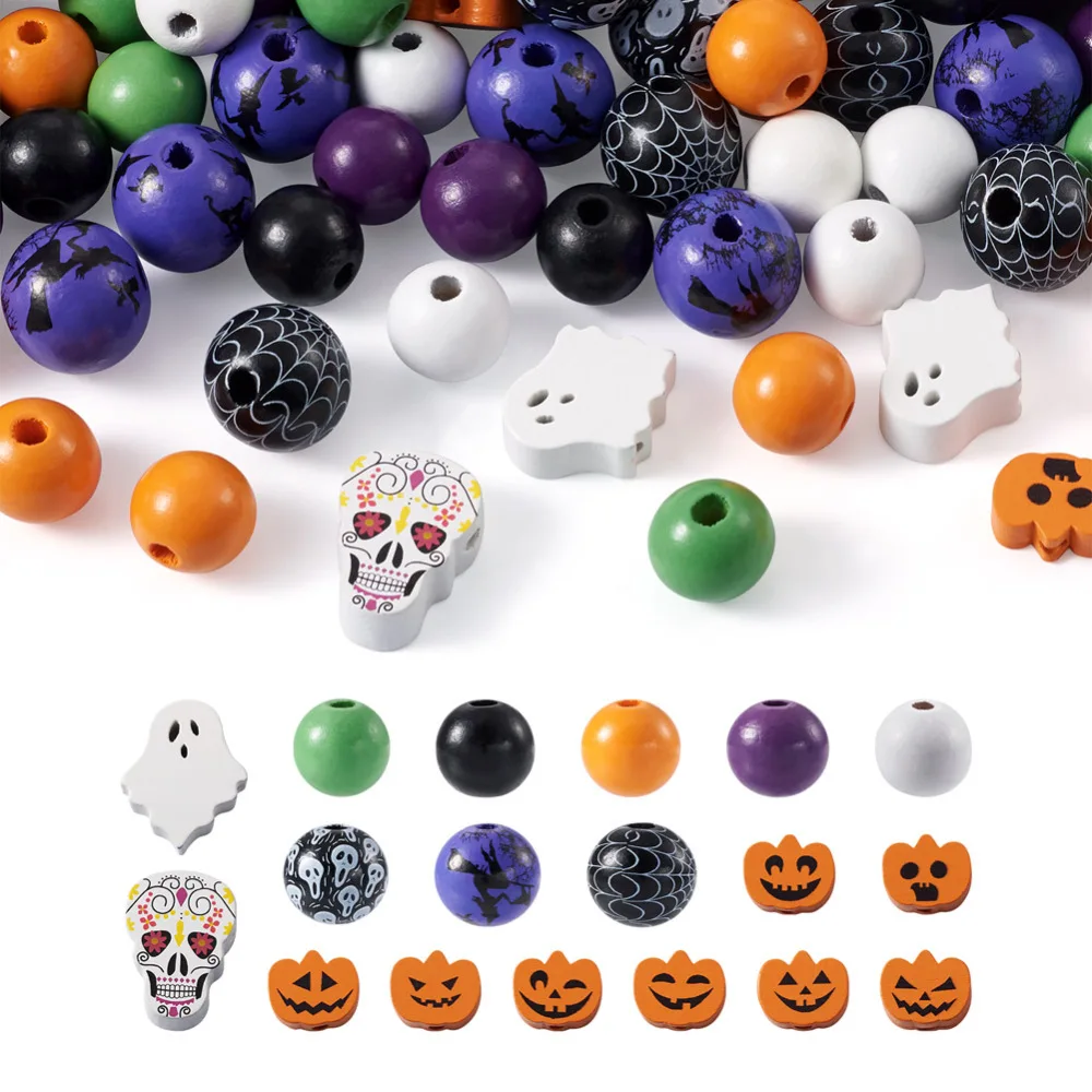

150pcs Halloween Wooden Beads Pumpkin Face Skull Round with Black Witch Wood Beads DIY Jewelry Holiday Decoration Accessories