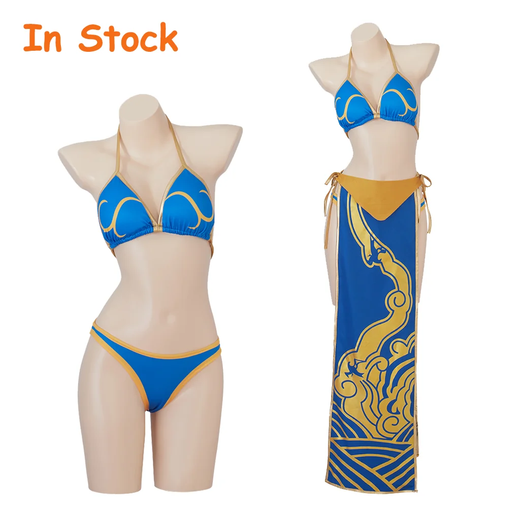 В наличии игра Chun Li косплей женские сексуальные синие костюмы бикини на