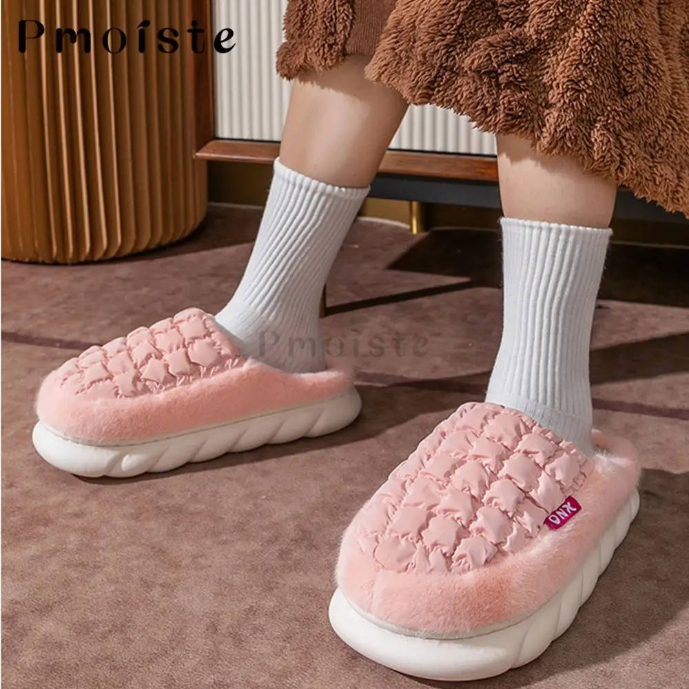 Furry Women Home Slippers Down Cloth Gingham Female Indoor Slippers Soft Fashion Platform Shoes with Fur Couples House Slippers