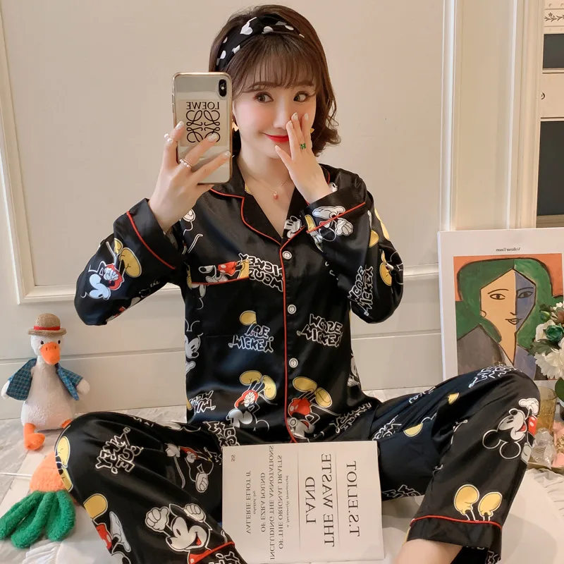 

Disney Ladies pajamas Spring pajamas women summer ice silk long-sleeved trousers thin summer simulation silk home service suit