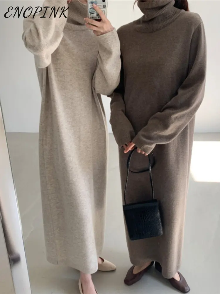 

Casual Thicken Warm Women Knitted Dress Long Sleeve Loose Turtleneck Female Sweater Dresses 2022 Autumn Winter Wool Vestidos