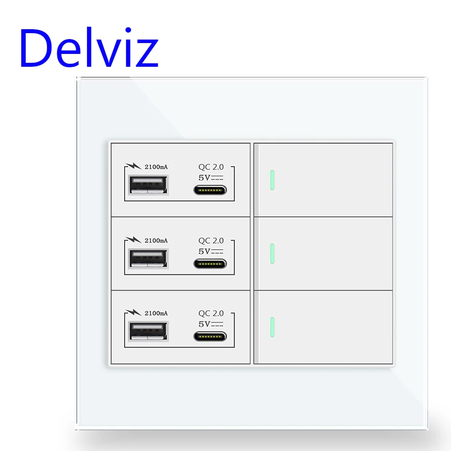 Розетка зарядная Delviz 2 А USB Type C + USB-порт для зарядки управление переключателем