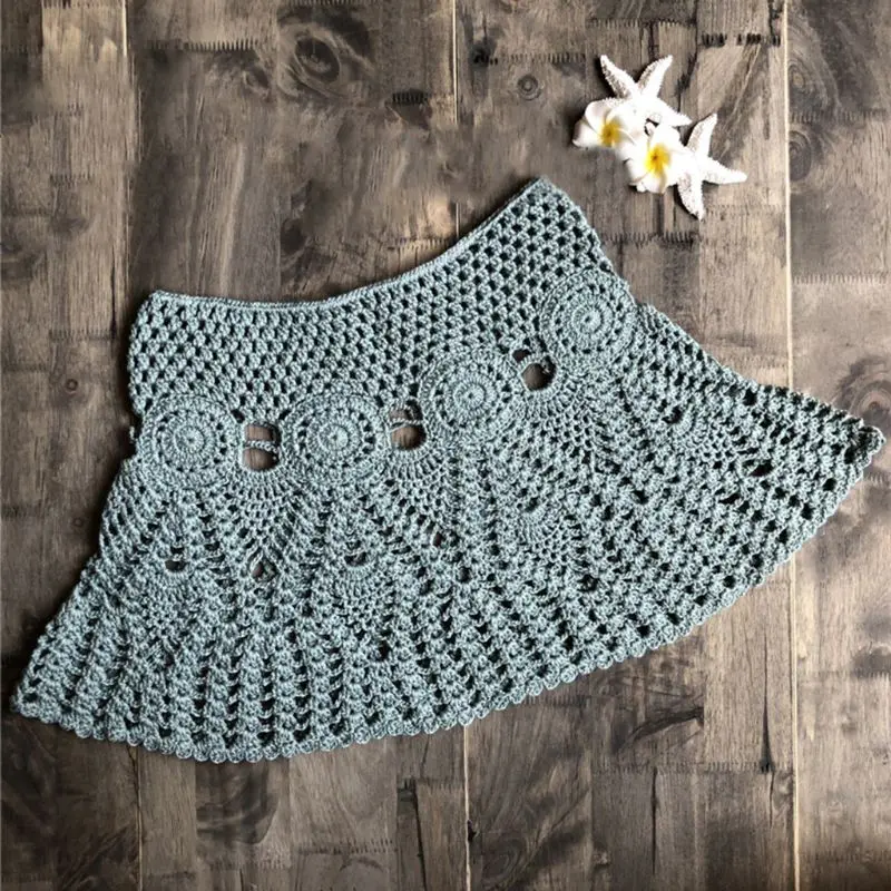 

Y1UC Womens Summer Handmade Lace Crochet Bottoms Skirt Solid Color Hollow Out
