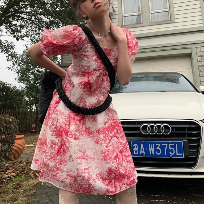 2021 Spring Cottagecore Women Dresses Printed Korean Fashion Slim Square Collar Pink Skirt Casual High Street Sweet Party Dress