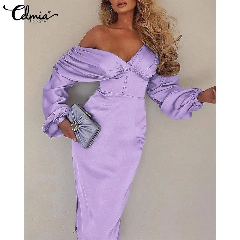 

Sexy Dress 2022 Celmia Elegant Women Off Shoulder Knee-Length Party Sundress Casual Long Sleeve Elegant Solid Buttons Vestidos