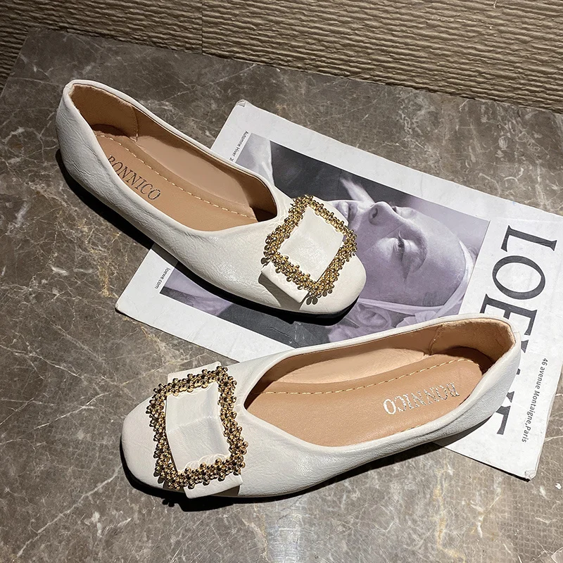 Plus Size Flat Shoes for Women 2023 New Spring Autumn Korean Fashion Checker Diamond Buckle Shoes Shallow Mouth Women's Shoes