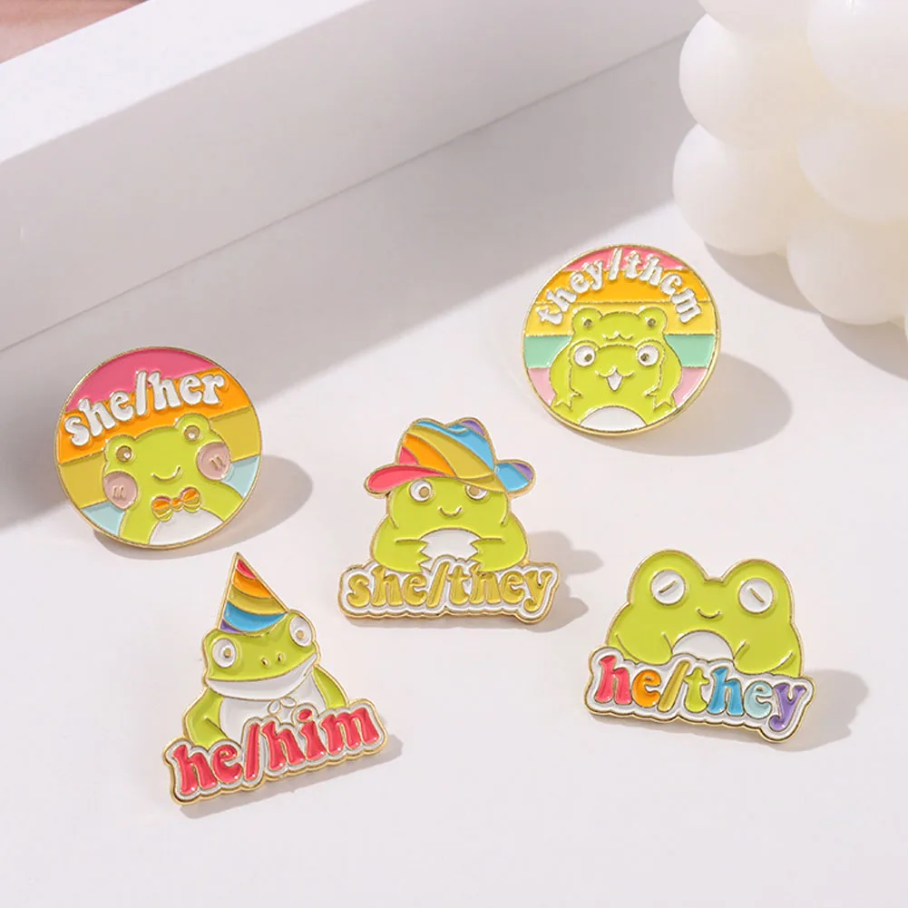 

Cartoon Frog Enamel Pin Colorful Rainbow Hat Personal Pronoun Custom Brooches Wholesale Badge Jewelry Accessories Gift Kids