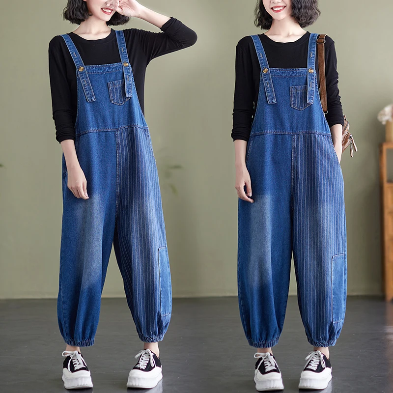 New Loose Wide Leg Denim Jumpsuits For Women Casual Streetwear Striped Patchwork Overalls Jeans Big Size Straps Baggy Pants Blue