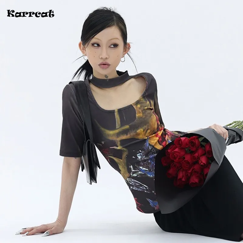 

Karrcat Grunge Aesthetics Tops Cyber Y2k Print T-shirt Korean Fashion Tie Dye Chic T Shirt Vintage Harajuku Streetwear Japanese