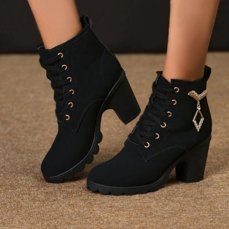 

Winter 2023 New High Heeled Women Boots Cross Straps Short Boots Comfortable Waterproof Boots Warm Plus Size 42 Botas Femininas