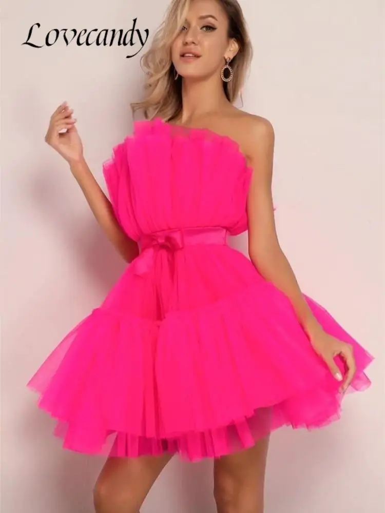 

Off Shoulder Mesh Party Dress Women Strapless Bow Knot Solid Mini Dress Ladies Sexy Fashion Ball Gown Club Weeding Dresses