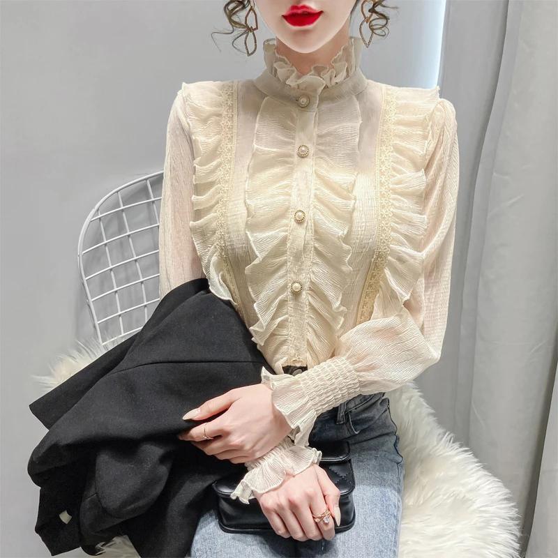 

Ruffle chiffon shirt women's spring 2022 new French court style top long sleeved shirt with ear stand collar