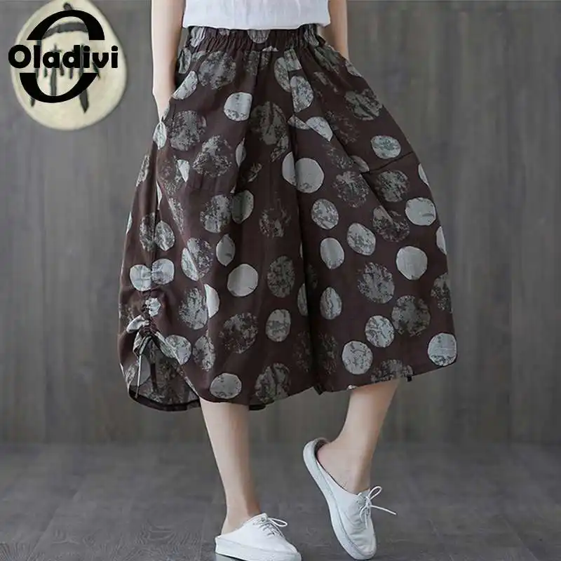 

Oladivi 3 Colors Oversized Fashion Polk Dot Print Wide Leg Pants Women Casual Loose Bottoms Cotton Linen Capris Big Leg Trousers
