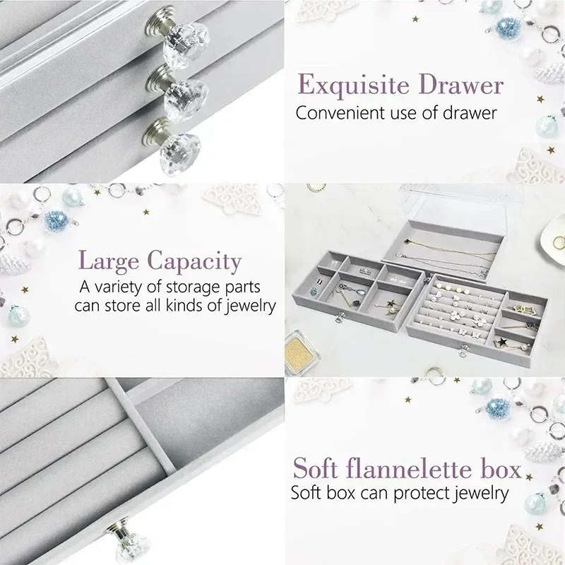 Акриловый бархатный органайзер для ювелирных изделий с 3 ящиками штабелируемый