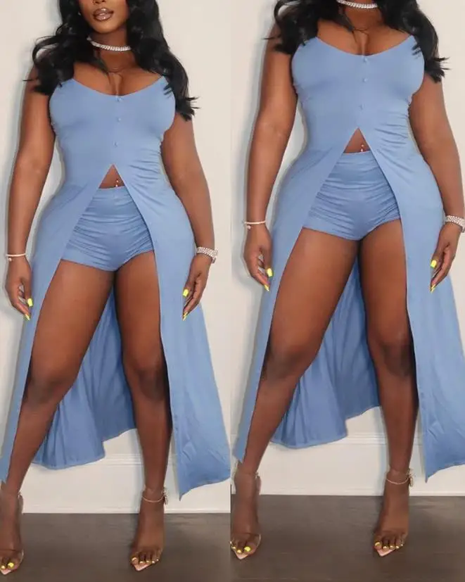 

Удлиненный топ и шорты без рукавов с разрезом, лето 2023, Женские Простые шорты, женская одежда, 2023