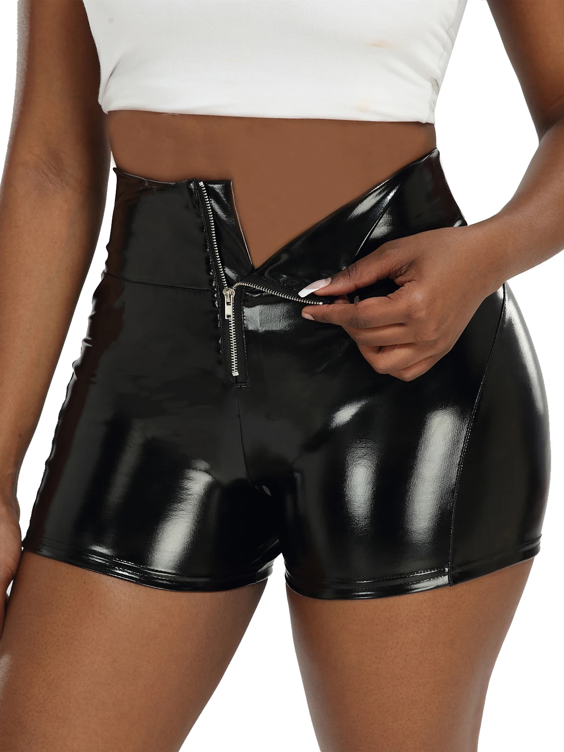 Zipper Pu Leather Shorts Women's High Waist Shiny Leather Leggings Fitness Running Workout Clothing Female Gym Sexy 2023 Newest
