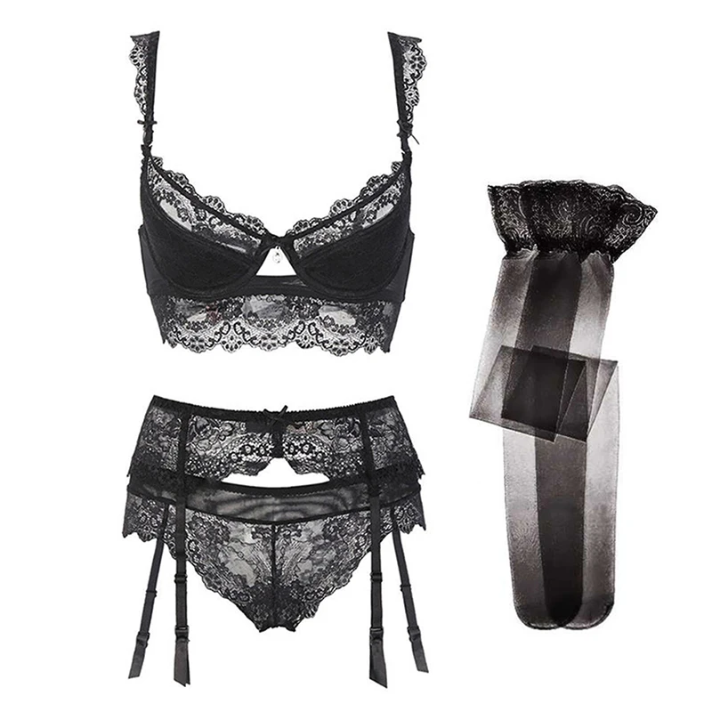 Varsmiss Women Lingerie Set Sexy Bra Set Bra + Garter Belt + Lace Panties + Stockings 4Pcs/lot Underwear Set