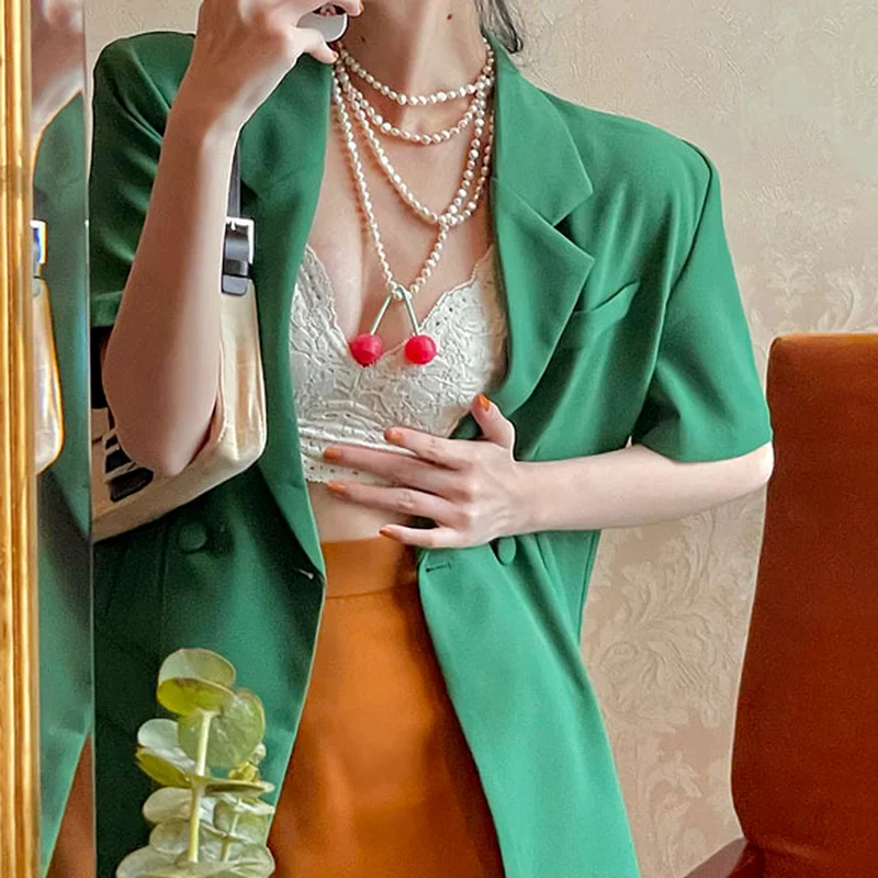 Retro Spring and Summer 2021 New Short-sleeved Green Suit Jacket Women's Thin Temperament Fashion Casual Small Suit Jacket