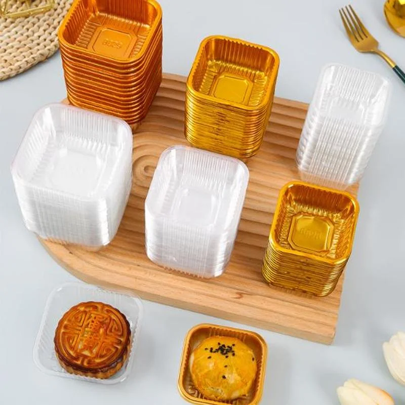 

100pcs Square Moon Cake Trays Mooncake Packaging Box Without Cover Food Container Holder Gold Plastic Cake Box for Cookie