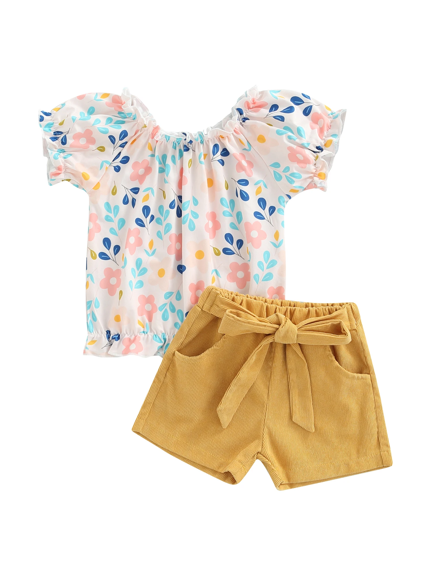 

2 шт., летняя футболка с цветочным принтом и шорты с бантом