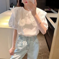blouse korea hollowed out lotus flower doll collar ins style fashion tops short sleeve t shirt lace lolita shirt