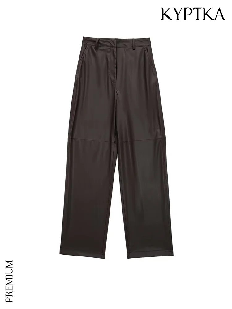 

KYPTKA Women Fashion Side Pockets Faux Leather Pants Vintage High Waist Zipper Fly Female Trousers Mujer