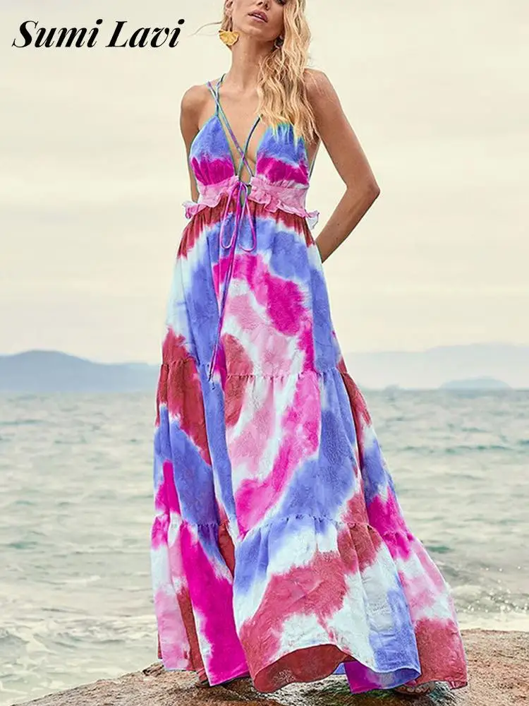 

Летнее пляжное длинное платье, сексуальное женское свободное платье с V-образным вырезом и перекрестной шнуровкой, модное платье-макси на б...