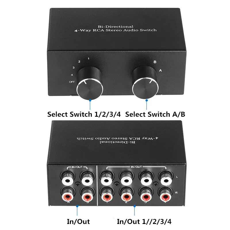 

Bi-Directional 4 Way RCA Stereo Audio Switch Selector L/R Sound Channel Audio Switcher Splitter for Amplifier DV Player Computer