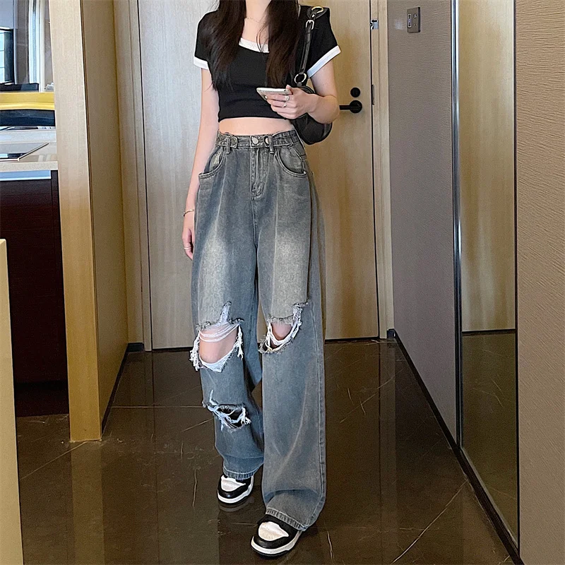 

Vintage Hole Jeans Women 2022 Fashion Summer Street Loose Wide Leg Pants Denim Pants Femme Jeans High Waist Woman Trousers W523c