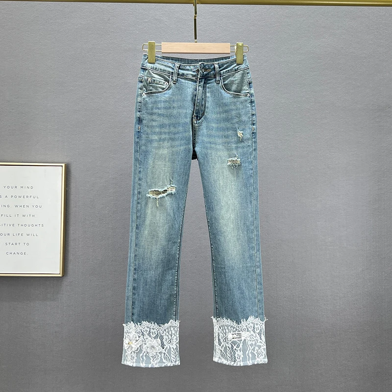 

Женские синие джинсы 2023, весенние эластичные джинсы с высокой талией, женские прямые облегающие брюки с кружевной строчкой, эластичные рваные джинсовые брюки