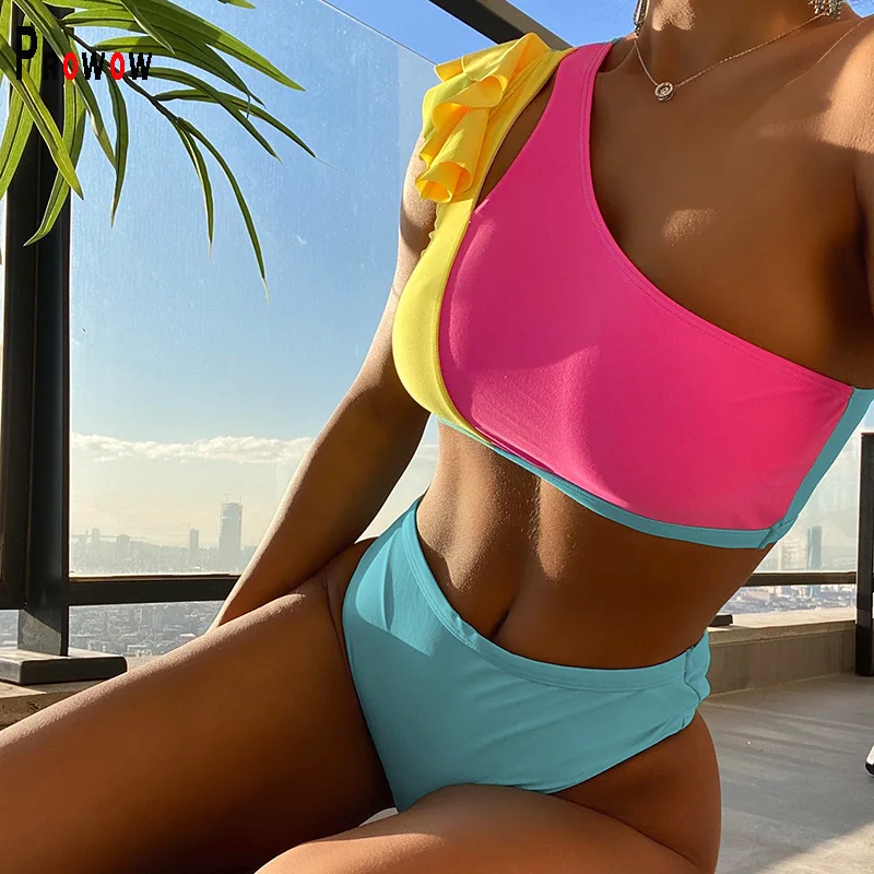 

Prowow Women Separated Two Piece Bikinis Set Ruffle One Shoulder Bra High Waisted Panty Summer Bathing Suits 2022 Beach Outfits