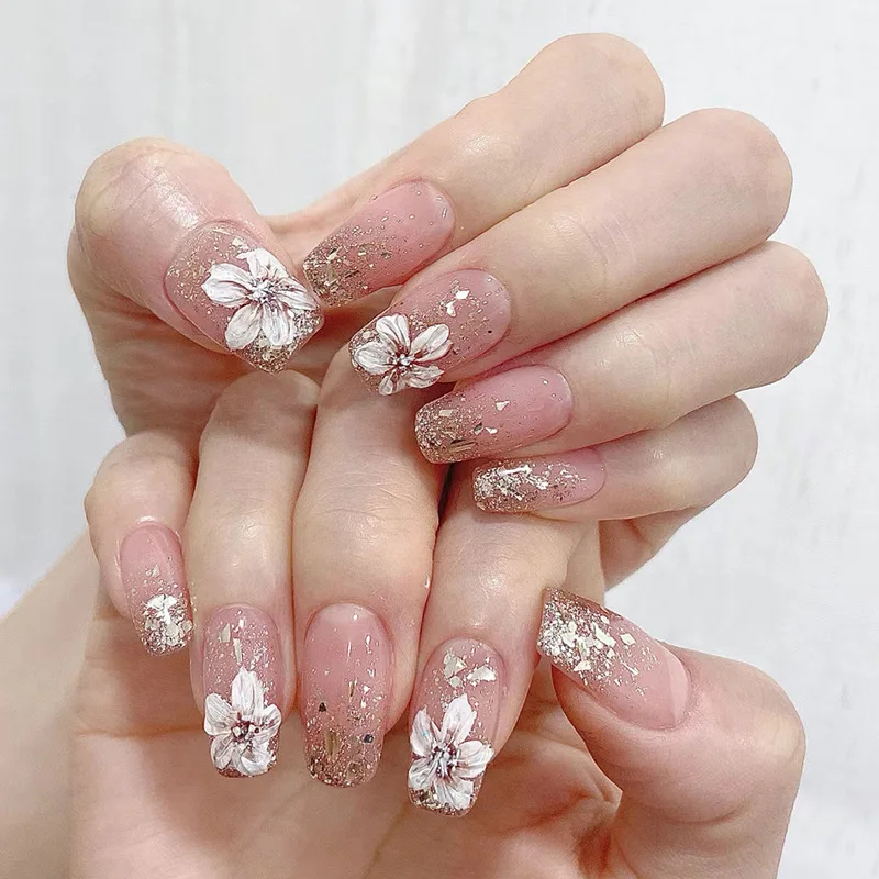 

24pcs Box-Packed Nails Stickers Shiny Gradient Ins French Style Rose Ballerina False Nails Retro Full Cover Wearable