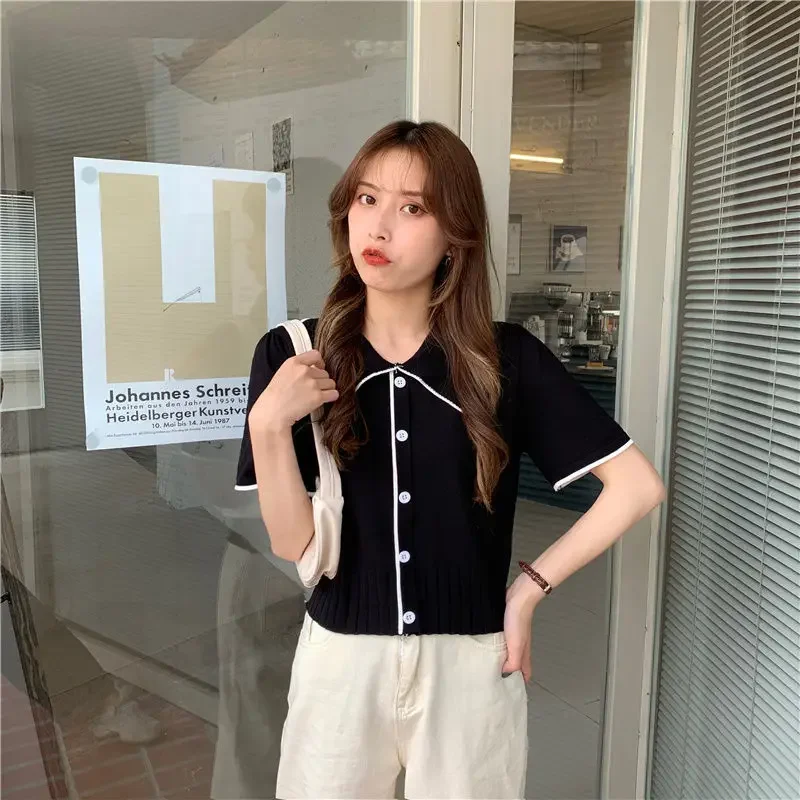 Женские футболки с воротником Питер Пэн трикотажная одежда коротким рукавом