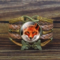 vintage fox multilayer braided bracelet glass cabochon charm bracelet animal jewelry abg