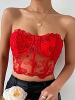 summer fashion sexy women crop tops solid lace mesh rose embroidery casual slim tank fish bone perspective vest lady streetwear