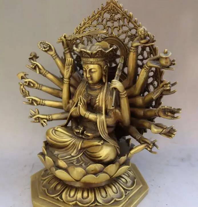 Китайская Бронзовая статуя Будды Lotus1000 Arms Avalokiteshvara Kwan-yin 11 дюймов