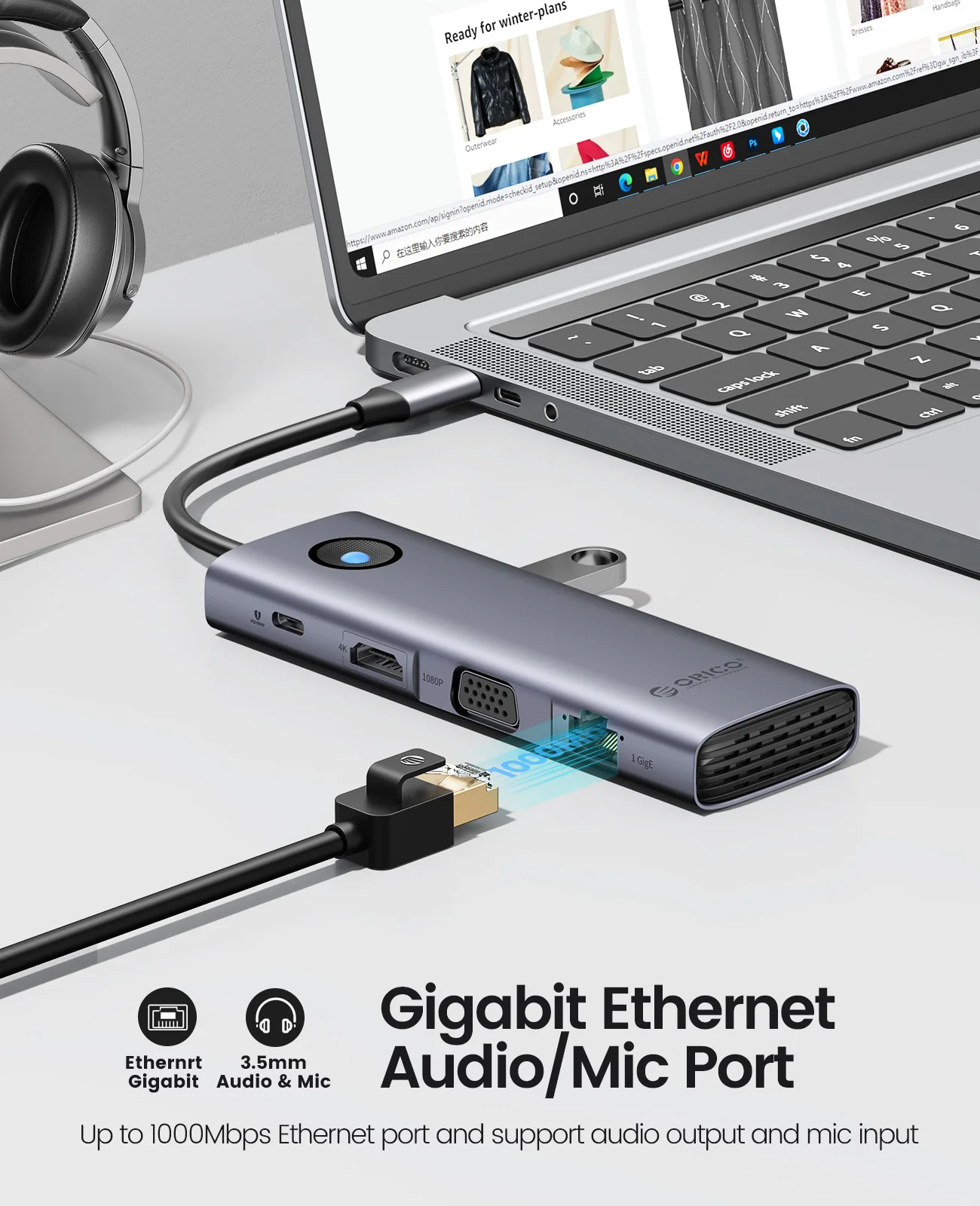 Оригинальный перевод: Док-станция ORICO типа C HUB до 4K60Hz HDMI-совместимый адаптер USB 3.0 RJ45 PD100W Charge для аксессуаров Macbook Pro Laptop.